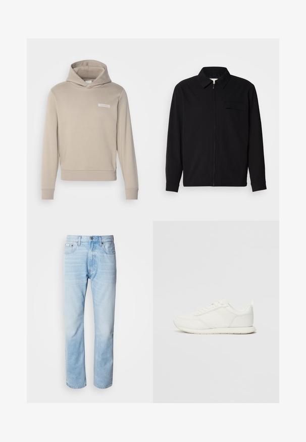 Čierna košeľa s dlhým rukávom, so golierom, predným zipsom a vreckom na hrudi. Vyrobená z textúrovanej tkaniny s voľným strihom.; Béžová mikina s kapucňou a voľným strihom, predná vrecko, rebrované manžety a malá biela nášivka na hrudi. Mäkko kombinovaný bavlnený materiál.; Biely bavlnený tričko s okrúhlym výstrihom, krátkymi rukávmi a vyšívaným logom "Calvin Klein" na strede hrude. Jednoduchý dizajn.; Svetlomodré džínsy s rovnými nohavicami, s vybledlými časťami, dizajnom s piatimi vreckami a klasickým zapínaním na gombíky.; Biele tenisky s sieťovaným a syntetickým zvrškom, okrúly špička, ploché šnúrky a štruktúrovaný pruh na boku. Gumová podrážka s pútkom na zadnej strane.