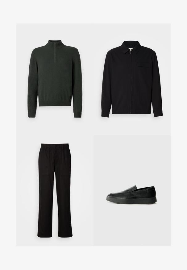 Must valgade varrukatega must särk, millel on krae, ees tõmbluku sulgemine ja rinna tasku. Valmistatud tekstuurilisest kangast ning mugav lõige.; Tumedat rohelised pikad varrukad, pooltõmblusega kaelus ning soonilised ääred ja külgedel, ühtlase taustaga.; Mustad lõdva istuvusega mustad püksid, mis on valmistatud kergest kangast. Omavad elastset vöökohta, nööbiga sulgemist ja kahte esist taskut.; Calvin Klein HYBRID CUP - Jalga libistatavad jalanõud - triple black