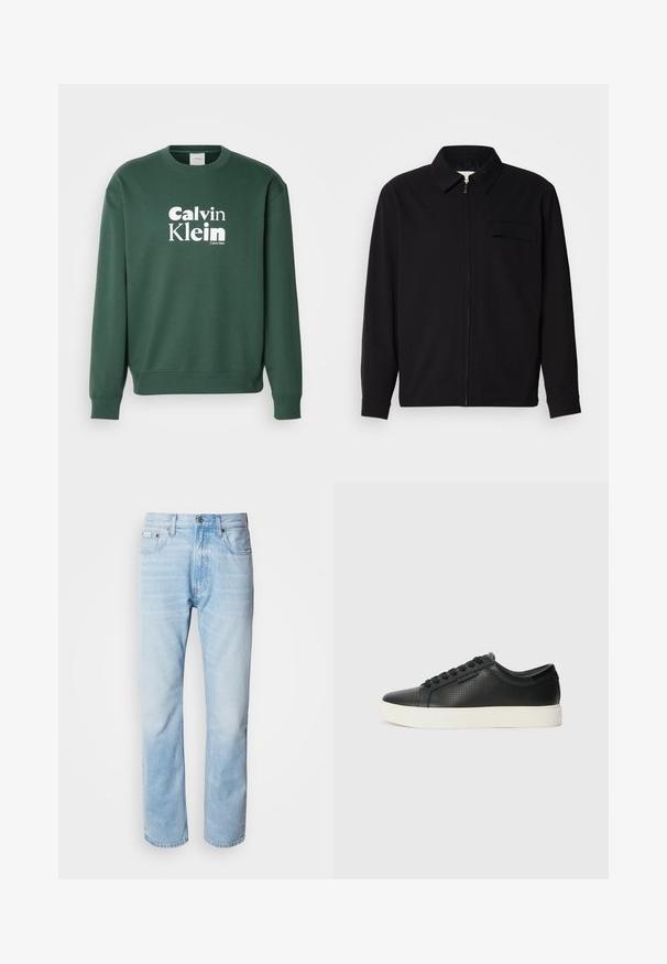 Maglietta nera a maniche lunghe con colletto, chiusura frontale con zip e taschino sul petto. Realizzata in tessuto testurizzato con una vestibilità rilassata.; Felpa verde realizzata in un misto cotone, con scollatura a girocollo e polsini a coste. Presenta il logo bianco "Calvin Klein" sul davanti.; Jeans in denim blu chiaro con taglio dritto, caratterizzati da sezioni sbiadite, design a cinque tasche e iconico bottone di chiusura.; Sneaker nere in pelle con texture perforata, punta tonda e suola piatta in gomma bianca. Presentano lacci neri e un logo discreto sul lato.