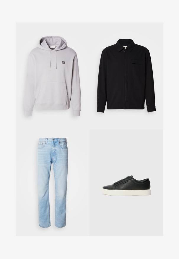 Svart långärmad skjorta med krage, framfickslås och bröstficka. Tillverkad av strukturerad tyg med avslappnad passform.; Ljusgrå huooded sweatshirt i bomull, med en framficka, muddar och en liten logopatch på bröstet. Slät textur.; Ljusblå denimjeans med rak benprofil, som har blekta sektioner, femficksdesign och en klassisk knäppning.; Svarta lädersneakers med perforerad textur, rund tå och platt vit gummisula. Har svarta snören och en diskret logotyp på sidan.
