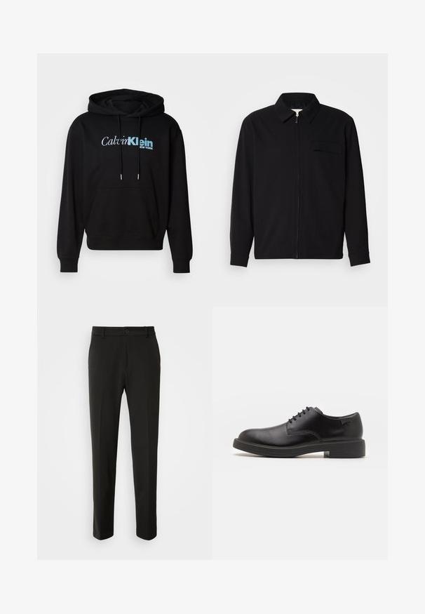 Musta pitkähihaine paita, jossa on kauluksellinen kaulus, edessä vetoketju ja rintatasku. Valmistettu teksturoidusta kankaasta, jossa on rento istuvuus.; Mustarimusta huppari, jossa on etutasku, nyöri ja painettu logo valkoisena ja vaaleansinisena. Pehmeä kankaan rakenne.; Mustat housut, jotka on valmistettu sileästä kankaasta, suoriin lahkeisiin, nappikiinnitykseen ja klassiseen muotoiluun, sopivat muodollisiin tai vapaa-ajan asuihin.; Mustat nahkasaappaat, joissa on pyöreä kärki, sileä pinta, minimaalinen ommel ja matala kumipohja. Logo kannassa.