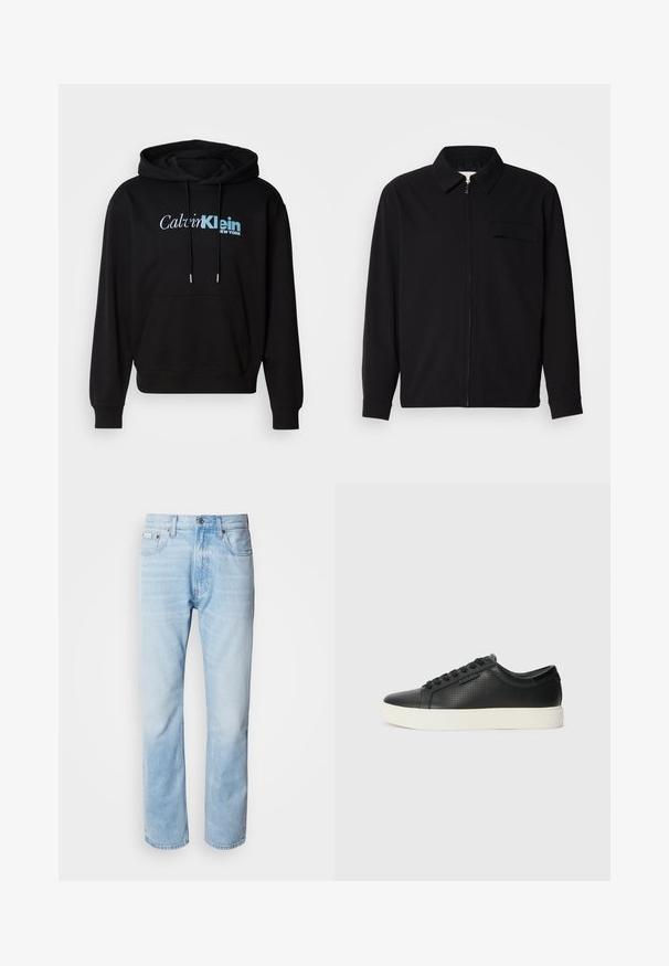 Crna majica dugih rukava s ovratnikom, prednjim zatvaračem i džepom na prsima. Izrađena od teksturiranog materijala s opuštenim krojem.; Crna dukserica s kapuljačom koja ima prednji džep, špagu i otisnuti logo u bijeloj i svijetlop Plavoj boji. Mekana tekstura tkanine.; Svijetloplave traperice ravnog kroja, s izblijedjelim dijelovima, dizajnom s pet džepova i klasičnim dugmadi.; Crne kožne tenisice s perforiranim uzorkom, okruglim vrhom i ravnim bijelim gumenim potplatom. Imaju crne vezice i diskretni logotip sa strane.