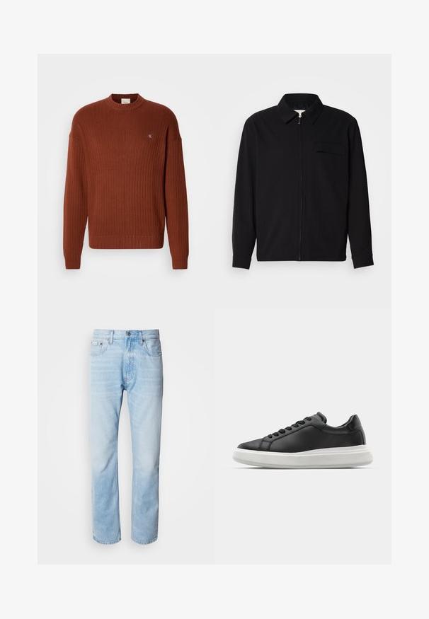 Black long-sleeve shirt featuring a collared neckline, front zip closure, and a chest pocket. Made of textured fabric with a relaxed fit.; Rust-colored ribbed sweater with a round neck, featuring a small logo on the chest and a relaxed fit. Made from a textured knit material.; Light blue denim jeans with a straight leg cut, featuring faded sections, five-pocket design, and a classic button fly.; Black leather sneaker with a smooth finish, white rubber sole, rounded shape, six eyelets for laces, and subtle branding on the heel.