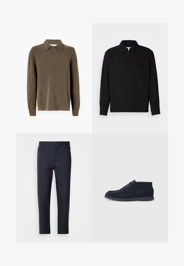 Juodas ilgomis rankovėmis marškinis, turintis apykaklės iškirptę, priekinį užtrauktuką ir krūtinės kišenę. Pagamintas iš tekstūruoto audinio, turinčio laisvą kirpimą.; Rudas mezgimo megztinis su apykakle, trijų mygtukų užsegimu, ilgomis rankovėmis ir tekstūruota medžiaga. Įprastas tinkamas ir vientisos spalvos.; Tamsiai mėlynos pritaikytos kelnės, pagamintos iš sklandžios medžiagos, su užtrauktuku užsegama kišene, tiesiomis kojomis ir mygtuko užsegimu juosmens srityje.; Jūros laivyno zomšiniai chukka batai su apvaliu nosiu ir siuvinėjimo detalėmis. Savybės: lygus gumos padas ir minimalistinis dizainas be matomo prekės ženklo.