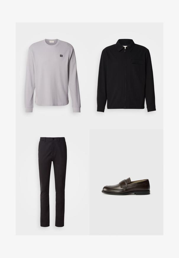 Black long-sleeve shirt featuring a collared neckline, front zip closure, and a chest pocket. Made of textured fabric with a relaxed fit.; Long-sleeve grey waffle-knit shirt with a round neckline and ribbed cuffs; features a small black logo patch on the left chest.; Black trousers made of smooth fabric, featuring a button closure, standard waistband, and straight cut legs. No visible patterns or embellishments.; Calvin Klein Slip-ons - cocoa brown
