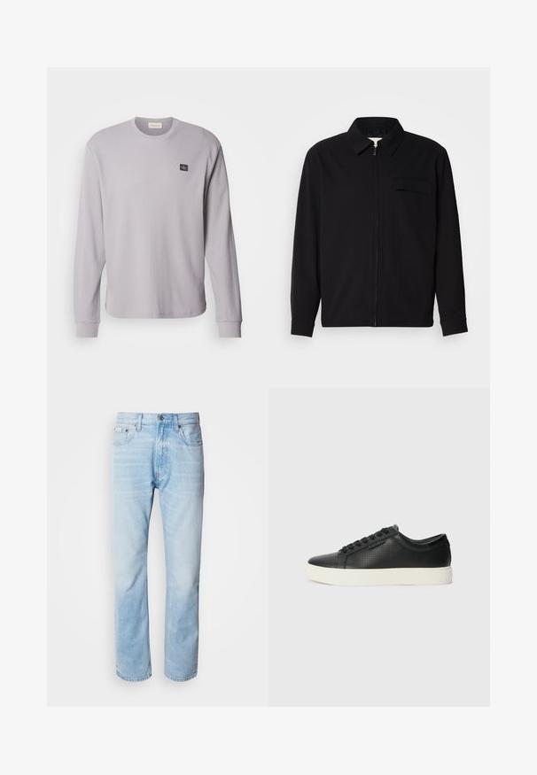 Black long-sleeve shirt featuring a collared neckline, front zip closure, and a chest pocket. Made of textured fabric with a relaxed fit.; Long-sleeve grey waffle-knit shirt with a round neckline and ribbed cuffs; features a small black logo patch on the left chest.; Light blue denim jeans with a straight leg cut, featuring faded sections, five-pocket design, and a classic button fly.; Black leather sneakers with perforated texture, round toe, and flat white rubber sole. Features black laces and a subtle logo on the side.