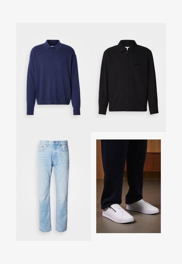 Cămașă neagră cu mânecă lungă, având guler, închidere cu fermoar pe față și buzunar pe piept. Fabricată dintr-un material texturat cu o croială lejeră.; Pulover bleumarin cu guler, mâneci lungi și manșete cu model rib. Textură moale, cu o croială lejeră și o deschidere cu trei nasturi.; Jeans din denim de culoare bleu deschis, cu croială dreaptă, prezentând secțiuni decolorate, design cu cinci buzunare și un sistem clasic de închidere cu buton.; Adidași albi cu un finisaj din piele netedă, talpă plată și design cu șireturi. Detaliul cu fermoar pe lateral adaugă funcționalitate. Asociați cu pantaloni sport închiși la culoare.