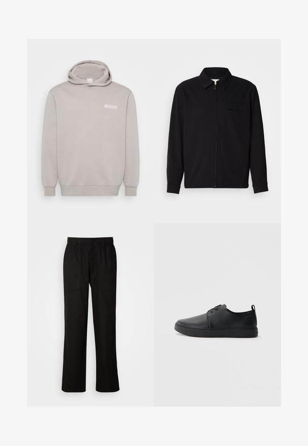 Maglietta nera a maniche lunghe con colletto, chiusura frontale con zip e taschino sul petto. Realizzata in tessuto testurizzato con una vestibilità rilassata.; Felpa grigia chiara realizzata in morbido tessuto misto cotone. Presenta una tasca frontale, polsini a costine e un piccolo logo sul petto. Design semplice.; Pantaloni neri con vestibilità morbida, realizzati in tessuto leggero. Presentano un elastico in vita, chiusura con bottone e due tasche anteriori.; Sneaker in pelle nera con finitura liscia, punta arrotondata, cuciture tono su tono, chiusura con lacci frontale e suola piatta in gomma. Anello sul tallone.