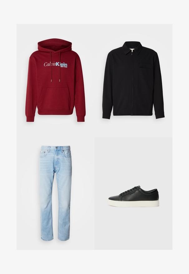 Melna garām piedurknēm krekls ar apkakles izgriezumu, priekšējo rāvējslēdzēju un krūšu kabatu. Izgatavots no teksturēta auduma ar brīvu piegriezumu.; Burgundijas kapucēta džemperis no flīsa, ar kāmara kabatu, ribinātām aprocēm un "Calvin Klein NEW YORK" logotipu baltā un zilā krāsā.; Gaiši zili denima džinsi ar taisnu kāju griezumu, ar izbalējušām sekcijām, piecu kabatu dizainu un klasisko pogu aizdari.; Melnas ādas sporta kurpes ar perforētu tekstūru, apaļu purngalu un plakanu baltu gumijas zoli. Ar melniem šņorējumiem un smalku logo sānos.
