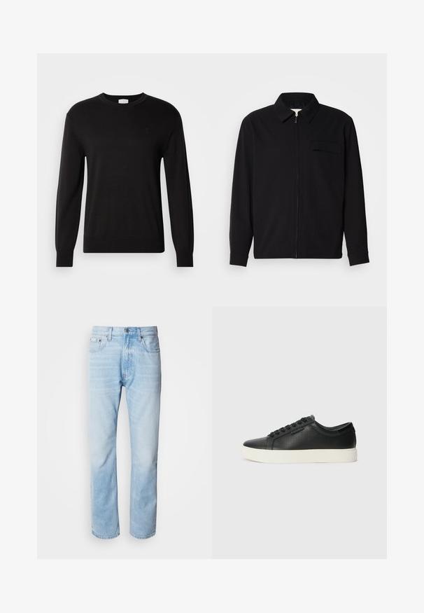 Czarna koszula z długim rękawem z kołnierzykiem, z zapięciem na suwak z przodu oraz kieszonką na piersi. Wykonana z teksturowanej tkaniny o luźnym kroju.; Czarny sweter z okrągłym dekoltem wykonany z miękkiej dzianiny. Posiada długie rękawy oraz subtelne logo na piersi. Klasyczny krój i gładka tekstura.; Jasnoniebieskie dżinsy z prostymi nogawkami, z wyblakłymi odcieniami, pięcioma kieszeniami oraz klasycznym zapinaniem na guzik.; Czarne skórzane sneakersy z perforowaną fakturą, okrągłym czubkiem i płaską, białą gumową podeszwą. Posiadają czarne sznurówki i subtelne logo po boku.