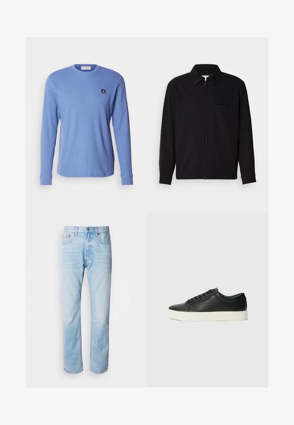 Schwarzes Langarmshirt mit Kragen, Frontreißverschluss und Brusttasche. Aus strukturiertem Stoff mit entspannter Passform.; Langärmliges, blaues Ripp-T-Shirt aus Baumwolle mit einem runden Halsausschnitt und einem kleinen Logo-Patch im oberen linken Brustbereich.; Hellblaue Jeans aus Denim mit geradem Schnitt, die verblasste Abschnitte, ein Fünf-Taschen-Design und einen klassischen Knopfverschluss aufweisen.; Schwarze Leder-Sneaker mit perforierter Textur, runder Zehenpartie und flacher, weißer Gummisohle. Mit schwarzen Schnürsenkeln und einem dezenten Logo an der Seite.