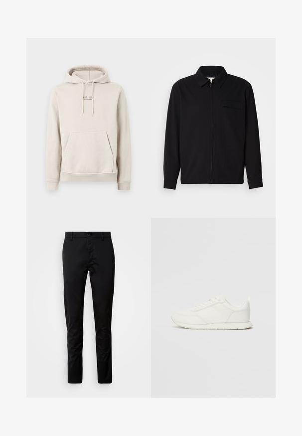 Melna garām piedurknēm krekls ar apkakles izgriezumu, priekšējo rāvējslēdzēju un krūšu kabatu. Izgatavots no teksturēta auduma ar brīvu piegriezumu.; Beige džemperis ar kapuci, izgatavots no mīkstas auduma, ar kenguru kabatu, sinhronizējamu kapuci un mazu melnu teksta logotipu uz krūškurvja.; Melni bikses ar šauru piegriezumu, izgatavotas no gludas auduma. Aprīkotas ar jostu un pogu aizdari, kā arī taisnas kājas.; Baltie sporta apavi ar mežģīņu un sintētisko augšdaļu, apaļu purngalu, plakanu mežģīņu un teksturētu sānu joslu. Gumijas zole ar cilpu aizmugurē.