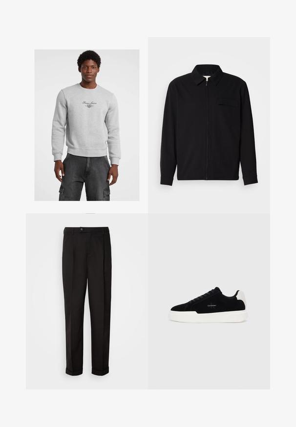 Čierna košeľa s dlhým rukávom, so golierom, predným zipsom a vreckom na hrudi. Vyrobená z textúrovanej tkaniny s voľným strihom.; Sivý sveter s okrúhlym výstrihom, so žebrovanými manžetami a spodným lemom. Na hrudi sa nachádza čierny logotyp a emblém "Guess Jeans". Kombinovaný s tmavými cargo nohavicami.; Čierne nohavice s hladkým povrchom, rovného strihu, s dvoma prednými vreckami a jedným gombíkom na uzatvorenie v páse.; Čierne nízke tenisky s bielou podrážkou a pätkou, šnurovací predok a logo Calvin Klein na boku.