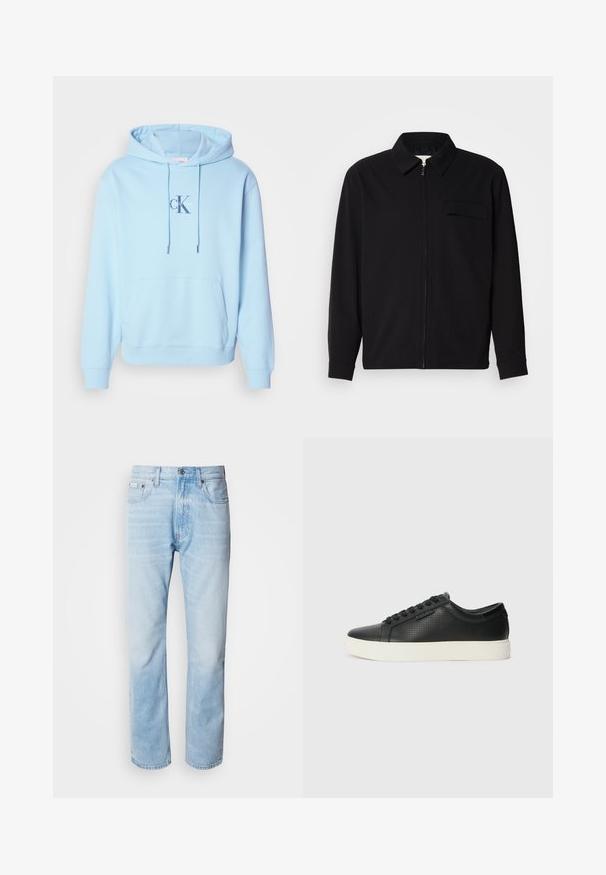 Svart långärmad skjorta med krage, framfickslås och bröstficka. Tillverkad av strukturerad tyg med avslappnad passform.; Ljusblå huvtröja i mjuk bomullsblandning, med en framstående kenguruficka och en tryckt Calvin Klein-logotyp på bröstet.; Ljusblå denimjeans med rak benprofil, som har blekta sektioner, femficksdesign och en klassisk knäppning.; Svarta lädersneakers med perforerad textur, rund tå och platt vit gummisula. Har svarta snören och en diskret logotyp på sidan.