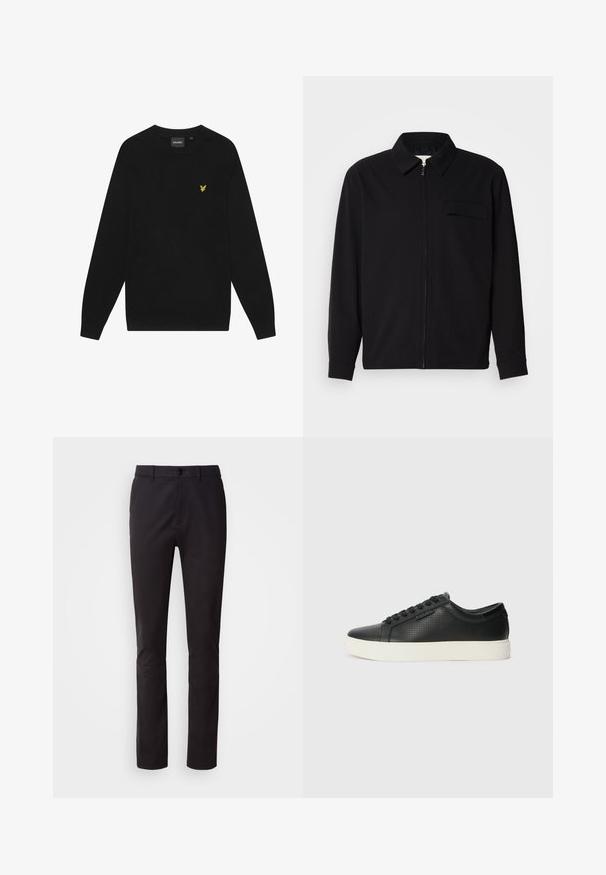 Cămașă neagră cu mânecă lungă, având guler, închidere cu fermoar pe față și buzunar pe piept. Fabricată dintr-un material texturat cu o croială lejeră.; Hanorac negru din bumbac, cu mâneci lungi și guler rotund. Prezintă un mic logo galben cu o vultur pe piept. Textură moale.; Pantaloni negri dintr-un material fin, cu închidere prin buton, talie standard și picioare drepte. Fără modele sau embellishments vizibile.; Adidași din piele neagră cu textură perforată, vârf rotund și talpă plată din cauciuc alb. Au șireturi negre și un logo subtil pe lateral.