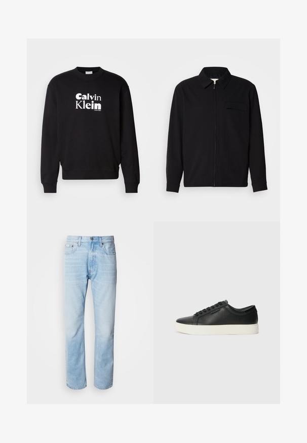 Maglietta nera a maniche lunghe con colletto, chiusura frontale con zip e taschino sul petto. Realizzata in tessuto testurizzato con una vestibilità rilassata.; Felpa nera in cotone con collo a giro e polsini a costine. Presenta un logo stampato bianco con la scritta "Calvin Klein". Texture liscia.; Jeans in denim blu chiaro con taglio dritto, caratterizzati da sezioni sbiadite, design a cinque tasche e iconico bottone di chiusura.; Sneaker nere in pelle con texture perforata, punta tonda e suola piatta in gomma bianca. Presentano lacci neri e un logo discreto sul lato.