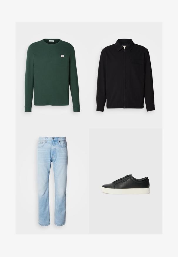Musta pitkähihaine paita, jossa on kauluksellinen kaulus, edessä vetoketju ja rintatasku. Valmistettu teksturoidusta kankaasta, jossa on rento istuvuus.; Pitkähihaisen, vihreän neuleen materiaali on ribbitettyä kangasta, ja siinä on pyöreä pääntie. Paidassa on pieni logo-ompelus rinnassa ja ribbireunat hihoissa.; Vaaleansiniset farkut suoranlahkeisella leikkauksella, joissa on haalistuneita kohtia, viisi taskua ja klassinen nappisuljenta.; Mustat nahkasneakersit rei'itetyllä pinnalla, pyöreällä varvalla ja litteällä valkoisella kumipohjalla. Varustettu mustilla nauhoilla ja hienovaraisella logolla sivussa.