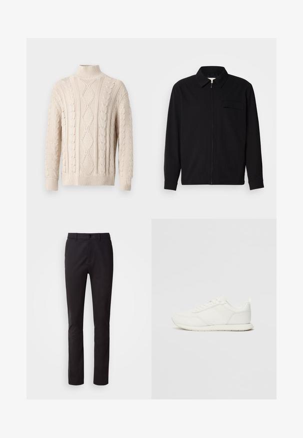 Camisa preta de manga longa com gola, fecho frontal com zíper e bolso no peito. Feita de um tecido texturizado com um corte descontraído.; Suéter de gola alta em malha trançada na cor creme, com padrões de diamante e trancados, punhos e bainha canelados, exibido num fundo plain.; Calças pretas feitas de tecido suave, com fecho de botão, cintura standard e pernas retas. Sem padrões ou embellishments visíveis.; Sapatilha branca com parte superior em malha e sintético, bico arredondado, atacadores planos e uma faixa lateral texturizada. Sola em borracha com uma alça na parte de trás.
