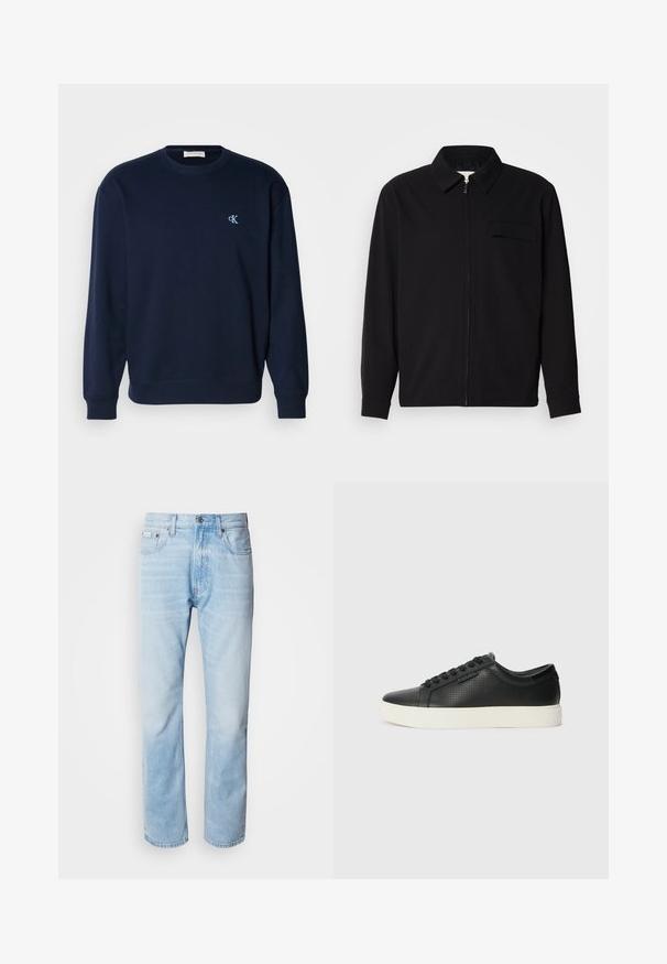 Czarna koszula z długim rękawem z kołnierzykiem, z zapięciem na suwak z przodu oraz kieszonką na piersi. Wykonana z teksturowanej tkaniny o luźnym kroju.; Granatowy sweatshirt z mieszanki bawełny z ściągaczami na rękawach i dole. Posiada małe, jasnoniebieskie logo na piersi. Klasyczny krój z okrągłym dekoltem.; Jasnoniebieskie dżinsy z prostymi nogawkami, z wyblakłymi odcieniami, pięcioma kieszeniami oraz klasycznym zapinaniem na guzik.; Czarne skórzane sneakersy z perforowaną fakturą, okrągłym czubkiem i płaską, białą gumową podeszwą. Posiadają czarne sznurówki i subtelne logo po boku.
