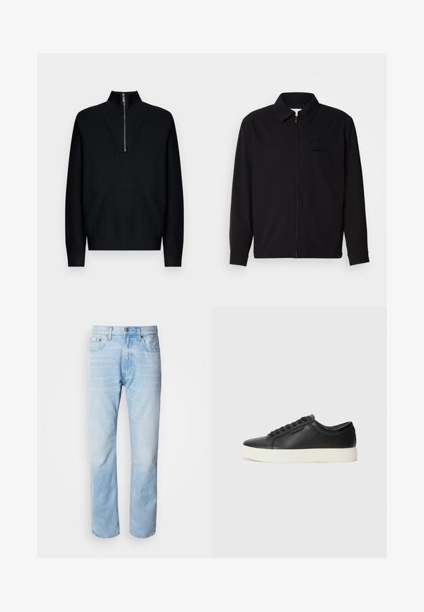 Cămașă neagră cu mânecă lungă, având guler, închidere cu fermoar pe față și buzunar pe piept. Fabricată dintr-un material texturat cu o croială lejeră.; Pulover negru cu guler înalt și fermoar scurt în față. Textură reiată pe guler. Mâneci lungi și croială lejeră.; Jeans din denim de culoare bleu deschis, cu croială dreaptă, prezentând secțiuni decolorate, design cu cinci buzunare și un sistem clasic de închidere cu buton.; Adidași din piele neagră cu textură perforată, vârf rotund și talpă plată din cauciuc alb. Au șireturi negre și un logo subtil pe lateral.