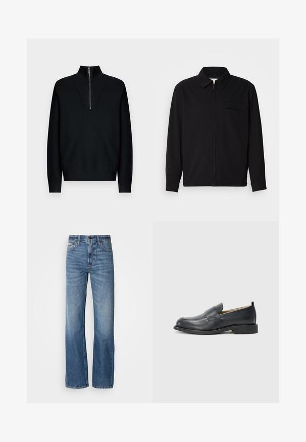 Musta pitkähihaine paita, jossa on kauluksellinen kaulus, edessä vetoketju ja rintatasku. Valmistettu teksturoidusta kankaasta, jossa on rento istuvuus.; Musta poolopaita, jossa on korkea kaulus ja neljänneksen vetoketju edessä. Kauluksessa resoitettu pinta. Pitkät hihat ja rento istuvuus.; Siniset farkut suoralla lahkeella, korkealla vyötäröllä ja hienolla haalistumisella. Mukana napin ja vetoketjun sulku, sekä klassinen viiden taskun muotoilu.; Musta nahkakengät, joissa on sileä pinta, litteä pohja ja pyöristetty varvas, sekä koristeellinen nauha päälliosassa.