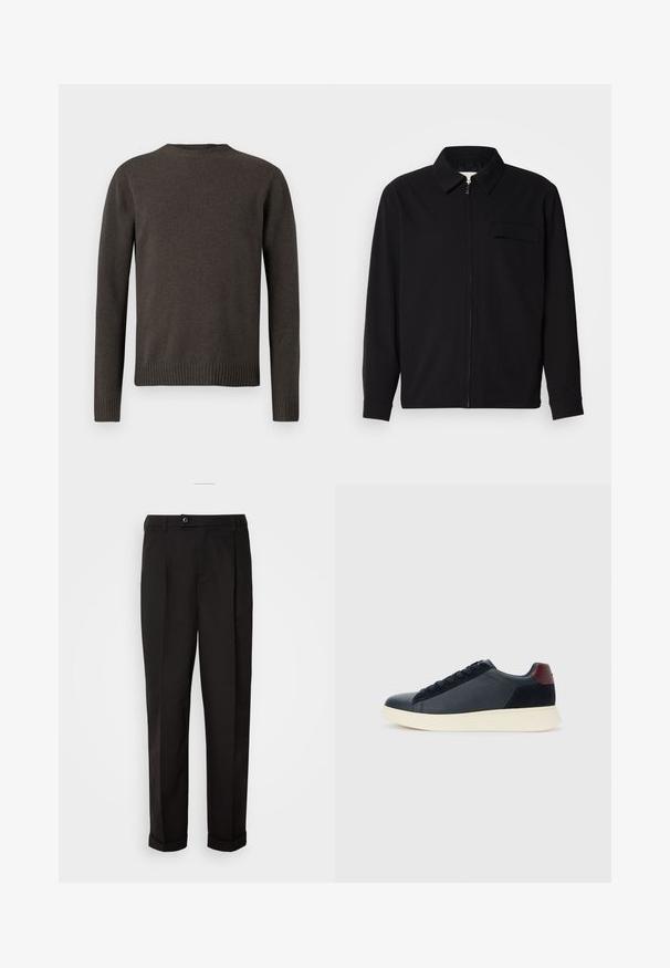 Fekete, hosszú ujjú póló, gallérral, elülső cipzárral és mellzsebbel. Texturált anyagból készült, laza szabású.; Sötét szürke kötött pulóver, kerek nyakú, hosszú ujjak, bordás mandzsettákkal és aljjal. Simaszerkezet, közepes vastagság, minimalista dizájn.; Fekete nadrág sima textúrával, egyenes szabással, két elülső zsebbel és egy gombbal zárható derékkal.; Fekete bőr és velúr alacsony szárú férfi sneaker, bordó sarokpanellel és fehér gumi talppal, oldalnézetből.