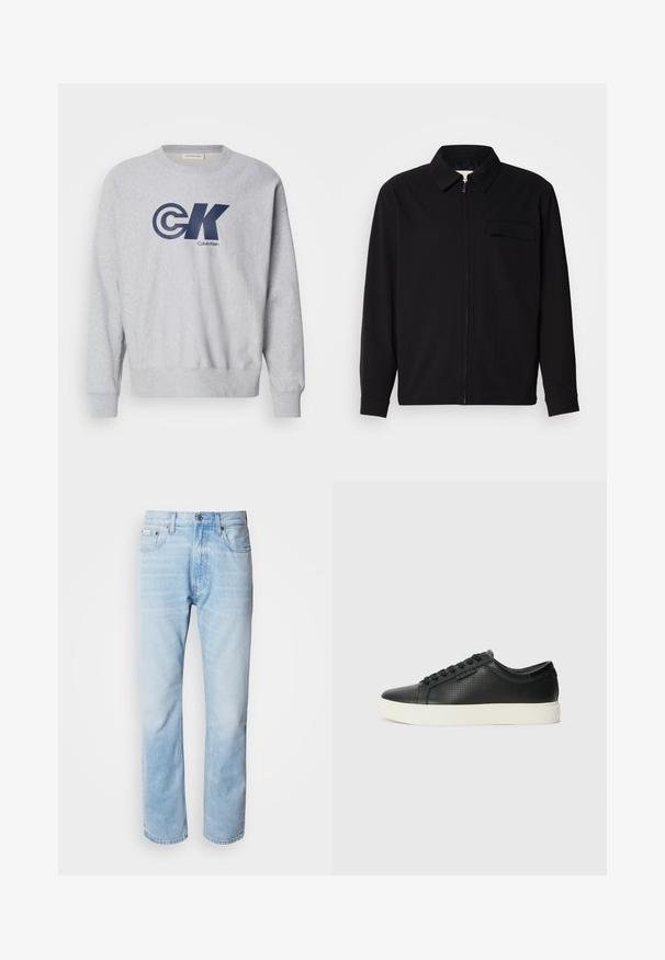 Čierna košeľa s dlhým rukávom, so golierom, predným zipsom a vreckom na hrudi. Vyrobená z textúrovanej tkaniny s voľným strihom.; Sivý bavlnený pulóver s okrúhlym výstrihom so veľkým námorníckym modrým logom "CK" a textom "Calvin Klein". Design dopĺňajú rebrované manžety a lem.; Svetlomodré džínsy s rovnými nohavicami, s vybledlými časťami, dizajnom s piatimi vreckami a klasickým zapínaním na gombíky.; Čierne kožené tenisky s perforovanou textúrou, okrúlym špičkou a plochou bielou gumovou podrážkou. Obsahujú čierne šnúrky a diskrétny logo na boku.