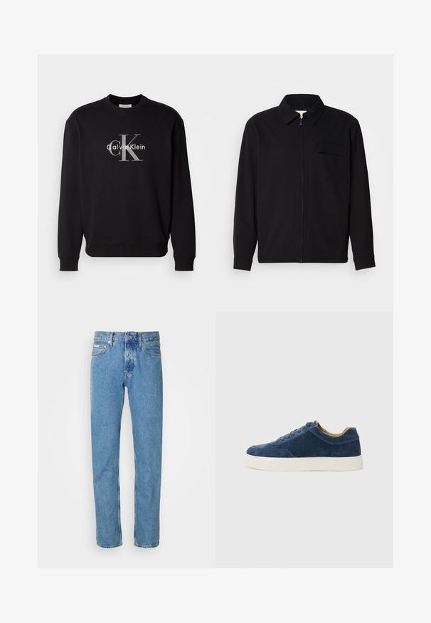 Svart langermet skjorte med krage, frontlås og brystlomme. Laget av teksturert stoff med en avslappet passform.; Svart crewneck sweatshirt laget av bomull, med et frontgrafikk av "Calvin Klein" og initialene "ck" i kontrastfarge grå.; Lyseblå denim jeans med rett benklipp, med et klassisk fem-lommers design og en knappelukking i livet. Ingen merkbare mønstre.; Blå semsket sneakers med hvit gummisåle, snøring, rund tå og kontrasterende tan innside. Subtile sømdetaljer.
