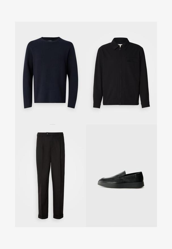 Černá dlouhá rukávová košile s límečkem, předním zipovým uzávěrem a kapsou na hrudi. Vyrobená z texturované tkaniny s uvolněným střihem.; Námořnický modrý svetr, kulatý výstřih, dlouhé rukávy, vyrobený z měkké látky s hladkým povrchem. Jednoduchý design, žádné viditelné vzory ani kovové prvky.; Černé kalhoty s hladkou texturou, rázovaného střihu, dvěma předními kapsami a jedním knoflíkovým zapínáním v pase.; Calvin Klein HYBRID CUP - Polobotky - triple black