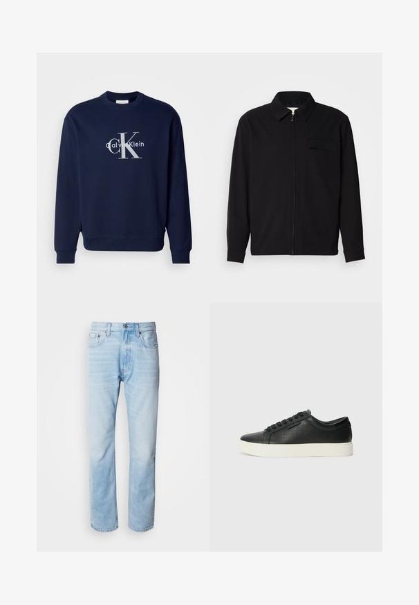 Melna garām piedurknēm krekls ar apkakles izgriezumu, priekšējo rāvējslēdzēju un krūšu kabatu. Izgatavots no teksturēta auduma ar brīvu piegriezumu.; Jūras spēku zils kokvilnas džemperis ar apaļu kaklu, garām piedurknēm un ribotiem aprocēm; rotāts ar lielu sudraba logotipu ar "Calvin Klein" un "CK."; Gaiši zili denima džinsi ar taisnu kāju griezumu, ar izbalējušām sekcijām, piecu kabatu dizainu un klasisko pogu aizdari.; Melnas ādas sporta kurpes ar perforētu tekstūru, apaļu purngalu un plakanu baltu gumijas zoli. Ar melniem šņorējumiem un smalku logo sānos.