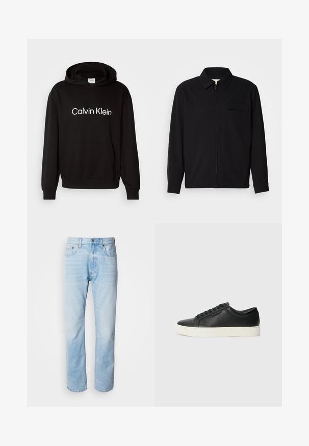 Juodas ilgomis rankovėmis marškinis, turintis apykaklės iškirptę, priekinį užtrauktuką ir krūtinės kišenę. Pagamintas iš tekstūruoto audinio, turinčio laisvą kirpimą.; Juodas medvilninis džemperis su priekine kišene, su balta "Calvin Klein" logotipu per krūtinę ir gumuotais rankovių bei apačios kraštais.; Šviesiai mėlyni džinsai su tiesiomis kojomis, puošti išblukusių vietų, penkių kišenių dizainu ir klasikiniu mygtukų užsegimu.; Juodi odiniai sportbačiai su perforuotu paviršiumi, apvaliu pirštu ir plokščiu baltu guminiu padu. Yra juodos raišteliai ir subtili logotipo detalė šone.