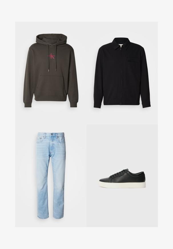 Cămașă neagră cu mânecă lungă, având guler, închidere cu fermoar pe față și buzunar pe piept. Fabricată dintr-un material texturat cu o croială lejeră.; Hanorac cu glugă de culoare gri închis, cu un buzunar frontal, glugă cu șnur și logo-ul Calvin Klein în roz pe piept. Material din bumbac moale.; Jeans din denim de culoare bleu deschis, cu croială dreaptă, prezentând secțiuni decolorate, design cu cinci buzunare și un sistem clasic de închidere cu buton.; Adidași din piele neagră cu textură perforată, vârf rotund și talpă plată din cauciuc alb. Au șireturi negre și un logo subtil pe lateral.