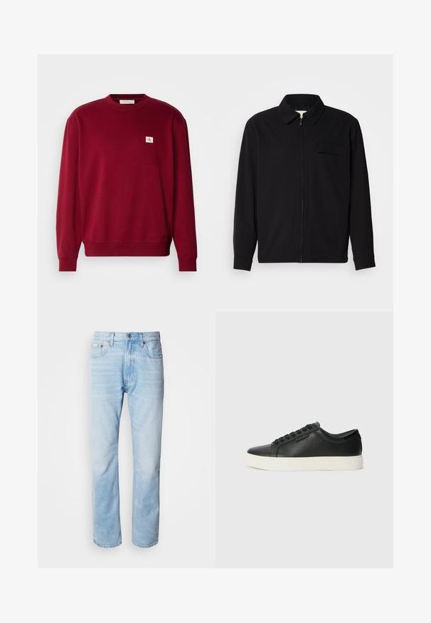 Maglietta nera a maniche lunghe con colletto, chiusura frontale con zip e taschino sul petto. Realizzata in tessuto testurizzato con una vestibilità rilassata.; Felpa rossa realizzata in tessuto morbido, con scollo rotondo, maniche lunghe e un piccolo logo ricamato sul lato superiore sinistro del petto.; Jeans in denim blu chiaro con taglio dritto, caratterizzati da sezioni sbiadite, design a cinque tasche e iconico bottone di chiusura.; Sneaker nere in pelle con texture perforata, punta tonda e suola piatta in gomma bianca. Presentano lacci neri e un logo discreto sul lato.