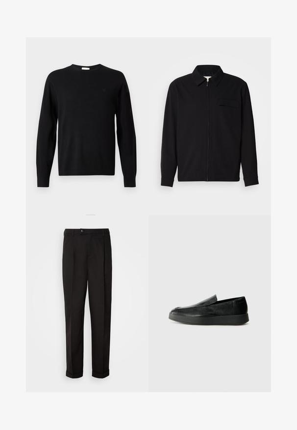 Juodas ilgomis rankovėmis marškinis, turintis apykaklės iškirptę, priekinį užtrauktuką ir krūtinės kišenę. Pagamintas iš tekstūruoto audinio, turinčio laisvą kirpimą.; Juodas ilgos rankovės megztinis suapvalintu kaklu, su subtiliu "cK" logotipu kairėje krūtinės pusėje, su giliomis rankovių ir apykaklės detalėmis, pateiktas baltoje fone.; Juodos kelnės su lygiu paviršiumi, tiesaus kirpimo, su dviem priekinių kišenių ir vieno mygtuko uždarymu juosmenyje.; Calvin Klein HYBRID CUP - Įmautiniai batai - triple black