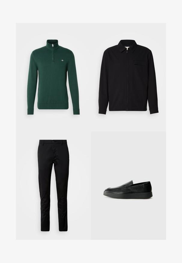 Črna dolgoročna majica z ovratnikom, sprednjim zadrgo in žepom na prsih. Narejena iz teksturirane tkanine z sproščenim krojem.; GANT CASUAL HALF ZIP - Pulover - tartan green; Črne hlače slim fit kroja, narejene iz gladkega blaga. Imajo pas z gumbom in ravne hlačnice.; Calvin Klein HYBRID CUP - Čevlji brez vezalk - triple black