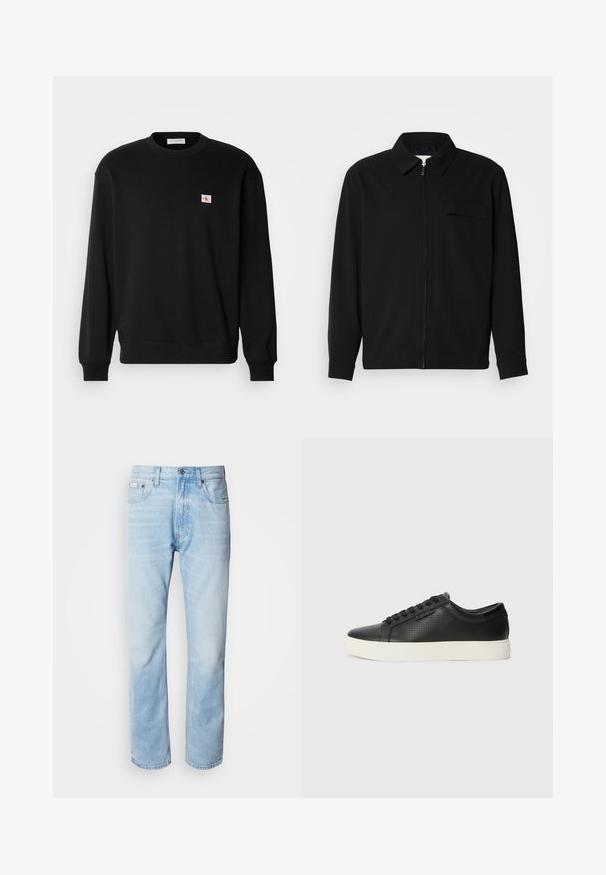 Must valgade varrukatega must särk, millel on krae, ees tõmbluku sulgemine ja rinna tasku. Valmistatud tekstuurilisest kangast ning mugav lõige.; Mustast puuvillane pusa, millel on pikad varrukad, väikese ristküliku kujulise logoplaasiga rinnal ja soonikuga mansetid.; Heledad sinine denimhääl, sirge sääre lõikega, millel on pleekinud osad, viie tasku disain ja klassikaline nööbivärk.; Must have perforatsiooniga mustad nahast tossud, ümar varvas ja lame valge kummist tald. Omab musti paelu ja diskreetset logo küljel.