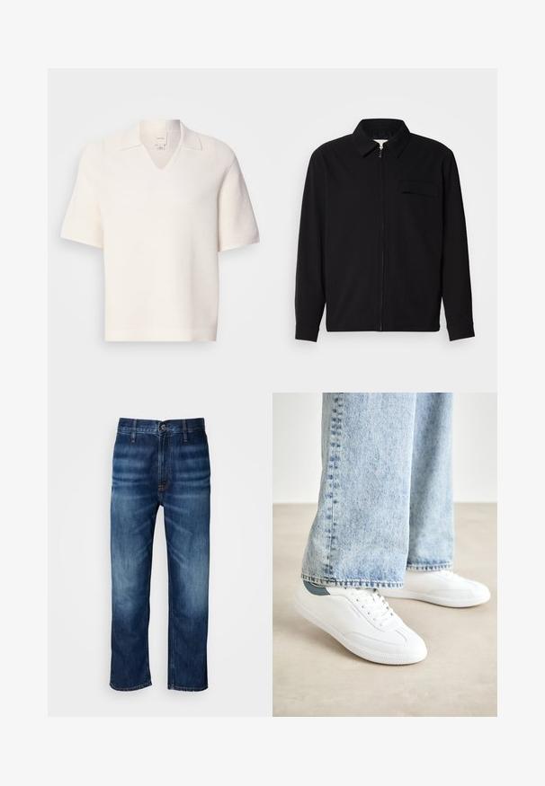 Melna garām piedurknēm krekls ar apkakles izgriezumu, priekšējo rāvējslēdzēju un krūšu kabatu. Izgatavots no teksturēta auduma ar brīvu piegriezumu.; Īsām piedurkņu, V-veida izgriezuma polo krekls no teksturēta baltā auduma. Tam ir apkakle un smalka ribota raksts, kas nodrošina strukturētu izskatu.; Tumši zilie taisnās kājas džinsi ar vieglu izbalēšanu uz augšstilbiem un pogu aizdari jostasvietā, attēloti uz baltā fona.; Baltas kedas ar gludu materiālu, auklām, teksturētu gumijas zoli un tirkīza akcentu uz papēža, apvienoti ar gaiši ziliem džinsiem.
