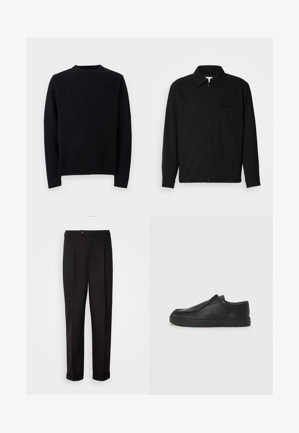 Must valgade varrukatega must särk, millel on krae, ees tõmbluku sulgemine ja rinna tasku. Valmistatud tekstuurilisest kangast ning mugav lõige.; Must mustriga mustriga kampsun pikade varrukatega, ümmarguse ribatud kaeluse ja sirge lõikega. Sile tekstuur, ilma nähtavate mustrite või aktsentideta.; Mustad püksid siledast kangast, sirge lõikega, kahe esipocketiga ja ühe nööbiga vöökoha kinnitamiseks.; Must na ostri varvastega musta nahast libisemisega king, millel on tikand ja must kummitald. Sile tekstuur ja minimalistik disain.