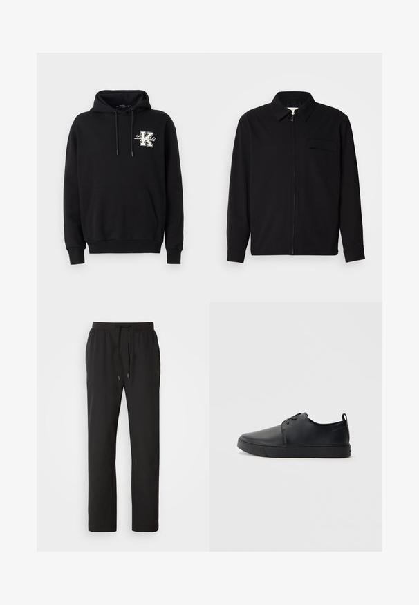 Čierna košeľa s dlhým rukávom, so golierom, predným zipsom a vreckom na hrudi. Vyrobená z textúrovanej tkaniny s voľným strihom.; Čierna mikina s kapucňou na šnúrku, predným klokaním vreckom, rebrovanými manžetami a veľkým vyšívaným "K" v bielej a béžovej farbe na prsiach.; Čierne jogger nohavice vyrobené z ľahkej tkaniny, s elastickým pásom a nastaviteľnými šnúrkami a bočnými vreckami. Hladká textúra.; Čierne kožené tenisky s hladkým povrchom, zaoblenou špičkou, tonálnym šitím, šnurovaním vpredu a plochou gumovou podrážkou. Obojok na päte.