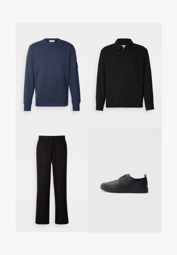 Černá dlouhá rukávová košile s límečkem, předním zipovým uzávěrem a kapsou na hrudi. Vyrobená z texturované tkaniny s uvolněným střihem.; Calvin Klein Jeans BADGE CREW NECK - Mikina - ink; Černé kalhoty s uvolněným střihem, vyrobené z lehké tkaniny. Mají elastický pas, knoflíkový uzávěr a dvě přední kapsy.; Černé kožené tenisky s hladkým povrchem, zaoblenou špičkou, tónovým prošíváním, šněrovacím uzávěrem a plochou gumovou podrážkou. Očko na patě.