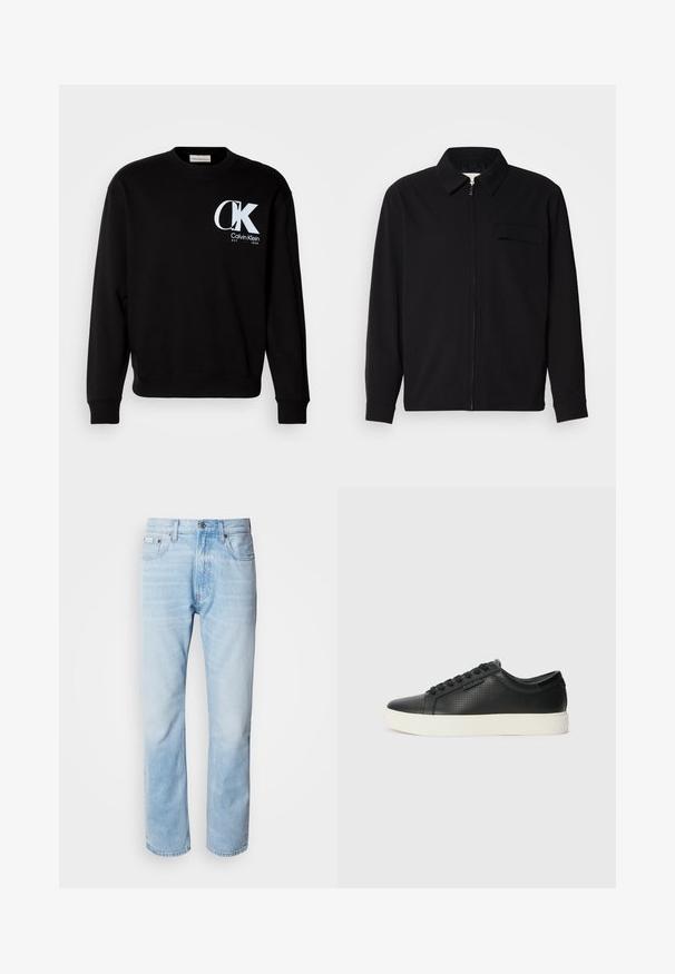 Zwarte lange mouwen shirt met een kraaghals, voorste rits sluiting en een borstzak. Gemaakt van een gestructureerde stof met een relaxte pasvorm.; Zwarte sweatshirt van katoen met een geribde halslijn en manchetten. Voorzien van een wit "CK" logo en de tekst "Calvin Klein EST 1968" op de voorkant.; Lichtblauwe denim jeans met een rechte pijp, met vervaagde delen, vijf-pocket ontwerp en een klassieke knoopsluiting.; Zwarte leren sneakers met geperforeerde structuur, ronde neus en platte witte rubberen zool. Voorzien van zwarte veters en een subtiel logo aan de zijkant.