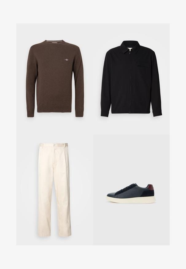 Svart langermet skjorte med krage, frontlås og brystlomme. Laget av teksturert stoff med en avslappet passform.; Brun strikket genser med rund hals, lange ermer, ribbestrikkede mansjetter og kant. Har en liten brodert logo på brystet.; Beige bomullsbukser med rett benfatt, med knappelukking og folder foran for ekstra detaljer.; Lave herresko i sort læder og ruskind med maroon hælflap og hvid gummisål, set fra ydersiden.