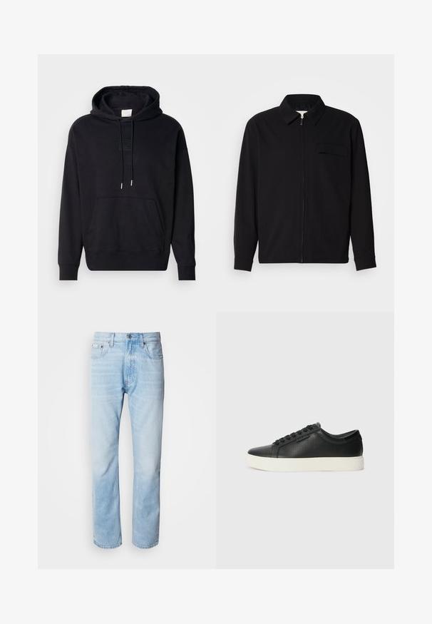 Fekete, hosszú ujjú póló, gallérral, elülső cipzárral és mellzsebbel. Texturált anyagból készült, laza szabású.; Fekete kapucnis pulóver pamut keverékből, kenguruzsebkell, állítható kapucni, bordázott mandzsettákkal és aljjal rendelkezik. Szerkezeti logófolt a mellkason.; Fehér pamut póló rövid ujjakkal és kerek nyakkivágással. Bal mellkason egy kis fekete "Calvin Klein" logó található.; Világoskék farmernadrág egyenes fazonnal, kopott részletekkel, öt zsebes kialakítással és klasszikus gombos zipzárral.; Fekete bőr sportcipők perforált textúrával, kerek orral és lapos fehér gumi talppal. Fekete fűzőkkel és diszkrét logóval az oldalon.
