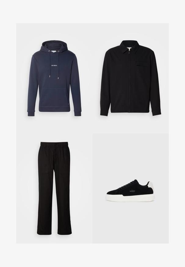 Černá dlouhá rukávová košile s límečkem, předním zipovým uzávěrem a kapsou na hrudi. Vyrobená z texturované tkaniny s uvolněným střihem.; Námořnická modrá mikina z měkké tkaniny, s přední klokaní kapsou, kapucí se šňůrkami a bílým nápisem "LES DEUX" na hrudi.; Černé kalhoty s uvolněným střihem, vyrobené z lehké tkaniny. Mají elastický pas, knoflíkový uzávěr a dvě přední kapsy.; Černé nízké tenisky s bílou podrážkou a patou, šněrování v přední části a logo Calvin Klein na boku.