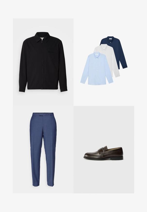 Black long-sleeve shirt featuring a collared neckline, front zip closure, and a chest pocket. Made of textured fabric with a relaxed fit.; Three long-sleeve shirts: light blue, white, and navy. All have a classic collar and button-down front, made of smooth fabric.; Blue tailored trousers made of a textured fabric. Features a flat front, belt loops, and a slim fit design with tapered legs.; Calvin Klein Slip-ons - cocoa brown