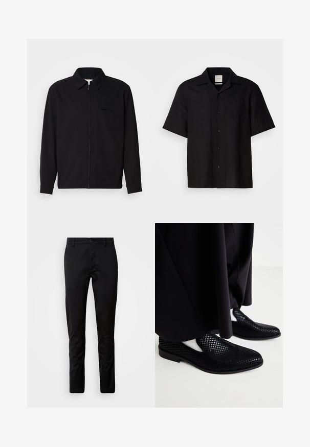 Schwarzes Langarmshirt mit Kragen, Frontreißverschluss und Brusttasche. Aus strukturiertem Stoff mit entspannter Passform.; Schwarzes Kurzarmhemd aus Leinen, mit Knopfleiste, spitzem Kragen und glatter Textur. Keine auffälligen Muster oder Akzente.; Schwarze Hose mit schmaler Passform, aus glattem Material gefertigt. Verfügt über einen Bund mit Knopfverschluss und gerade geschnittenen Beinen.; Schwarze perforierte Slipper mit flacher Sohle und glatter Textur. Minimalistisches Design mit seitlichen Ausschnitten. Kombiniert mit schwarzen Hosen.