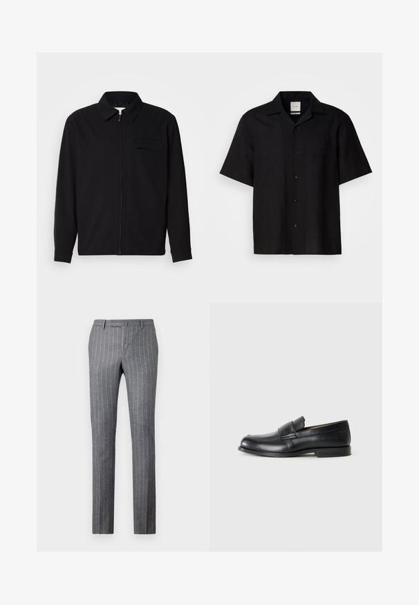 Black long-sleeve shirt featuring a collared neckline, front zip closure, and a chest pocket. Made of textured fabric with a relaxed fit.; Black short-sleeve shirt made of linen fabric, featuring a button front, pointed collar, and smooth texture. No prominent patterns or accents.; Gray pinstriped trousers made from textured fabric, featuring a classic design, straight fit, and two front pockets.; Black leather loafers with a rounded toe, stitched detailing, and a flat rubber sole. Features a broad band across the instep.