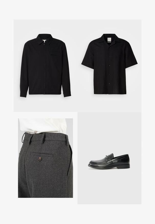 Musta pitkähihaine paita, jossa on kauluksellinen kaulus, edessä vetoketju ja rintatasku. Valmistettu teksturoidusta kankaasta, jossa on rento istuvuus.; Mustalla lyhyellä hihalla oleva paita, joka on valmistettu pellavakankaasta. Paidassa on nappi-halkio etupäässä, terävä kaulus ja sileä pinta. Ei näkyviä kuvioita tai yksityiskohtia.; Harmaat villahousut, joissa on teksturoitu pinta, ja jotka sisältävät yhden takataskun ruskealla napilla sekä vyölenkit vyötäröllä.; Musta nahkasaappaat pyöreällä varvalla, joissa on ommeltu muotoilu, pieni etuhihna varustettuna metallidetaljeilla sekä litteä kumipohja.