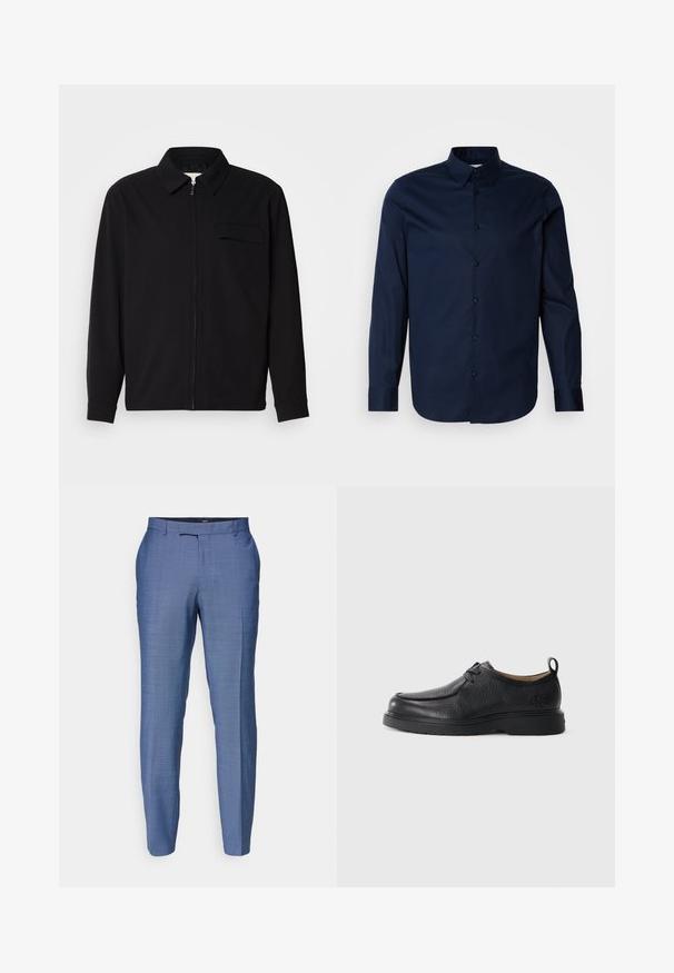 Must valgade varrukatega must särk, millel on krae, ees tõmbluku sulgemine ja rinna tasku. Valmistatud tekstuurilisest kangast ning mugav lõige.; Tumesinine pika varrukaga särk, mis on valmistatud siledast kangast, lahtise nööbiga esiosaga, terava krae ja cuff'idega, millel on rindkerel diskreetne logo.; Heled sinine kohandatud pükste komplekt tekstuuriga kangast. Omab siledat esit, kitsast jalgade lõike ja lukkuga sulgemist konksuga.; Must must nahkkingad, millel on sile viimistlus, ümar varvas, peen õmblus, nöörimise disain ja tekstuuriga tõmbeaas taga.