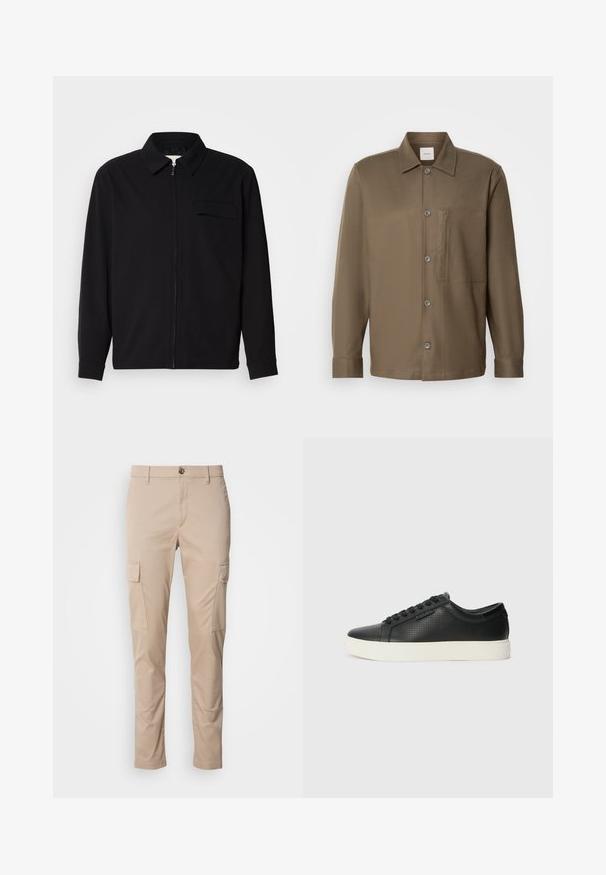 Musta pitkähihaine paita, jossa on kauluksellinen kaulus, edessä vetoketju ja rintatasku. Valmistettu teksturoidusta kankaasta, jossa on rento istuvuus.; Ruskea nappipaitapusero, jossa on kaulus, pitkät hihat, rintatasku ja sileä pinta. Edessä on harmaita nappeja.; Valkoinen puuvillapaita, jossa on pyöreä kaula-aukko, lyhyet hihat ja punainen kirjailtu "Calvin Klein" -logo rinnassa.; Beige cargo-housut, joissa on kaksi sivutaskua, slim fit -mallia, kevyestä kankaasta valmistettu, edessä nappikiinnitys ja vyölenkit.; Mustat nahkasneakersit rei'itetyllä pinnalla, pyöreällä varvalla ja litteällä valkoisella kumipohjalla. Varustettu mustilla nauhoilla ja hienovaraisella logolla sivussa.